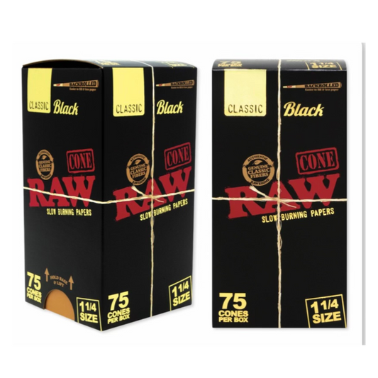 RAW CLASSIC BLACK BACKROLLED 1 1/4 SIZE 75 CONES/BX